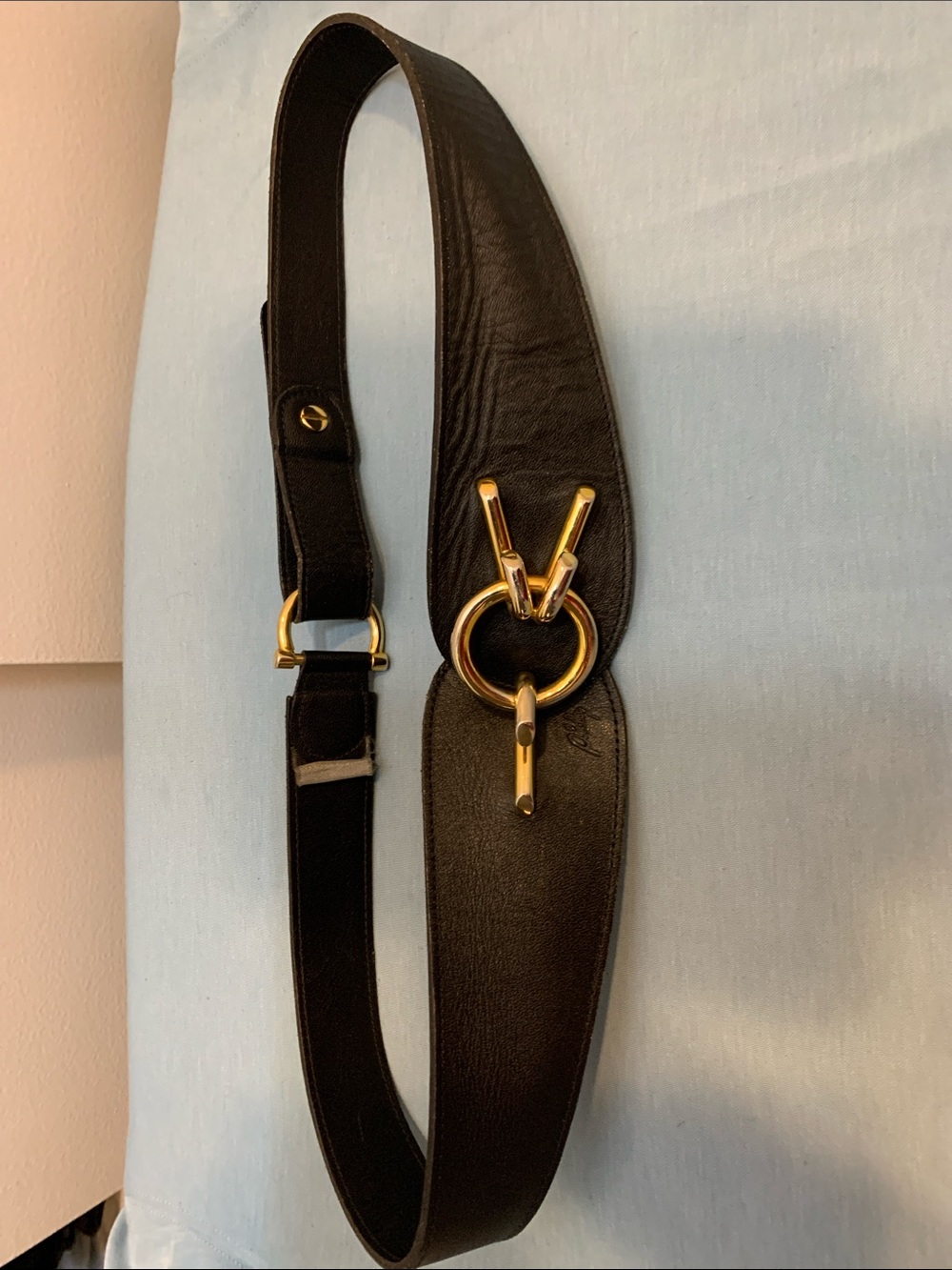 Vintage Black Leather Belt with Gold Ring Hardware size small
